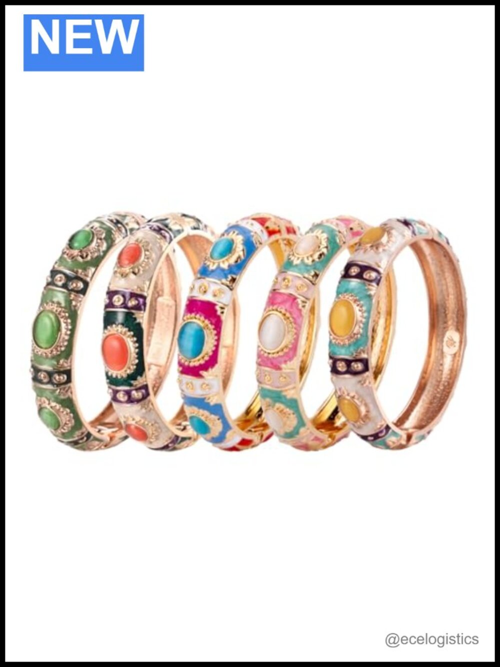 UJOY Enamel Bracelets Pack of 5 Cloisonne Rose Gold Flower Engraved Bangles for